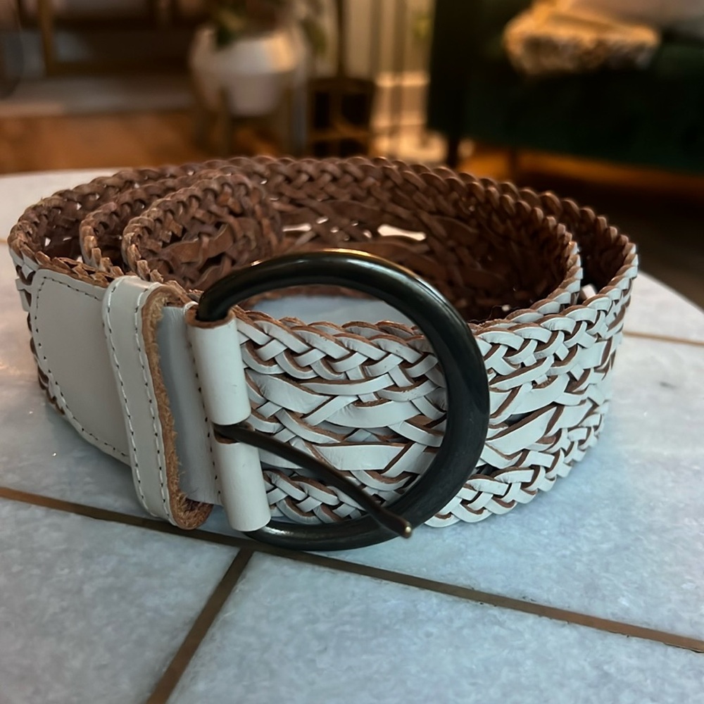 Talbots braided leather belt Sz M off white Greige